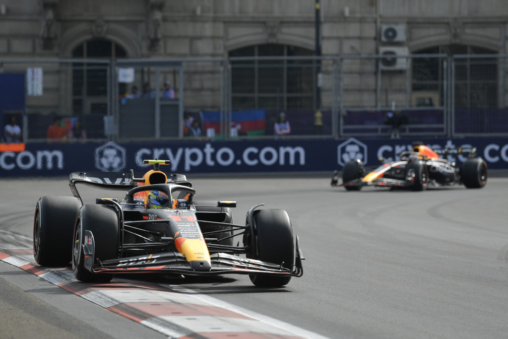 Red Bull driver Sergio Perez leads teammate Max Verstappen at Azerbaijan Grand Prix