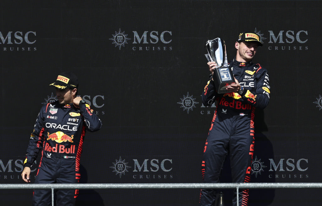 Red Bull driver Sergio Perez with teammate Max Verstappen on podium at Belgian Grand Prix