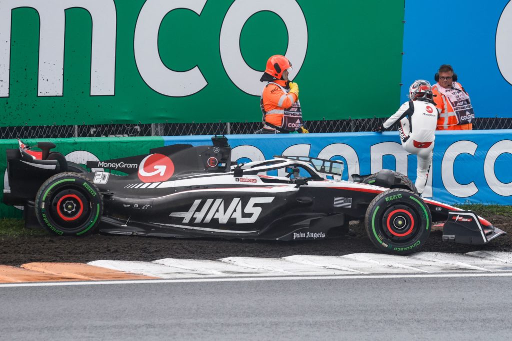 Haas Formula 1 driver Kevin Magnussen after crashing in FP3 at Dutch GP
