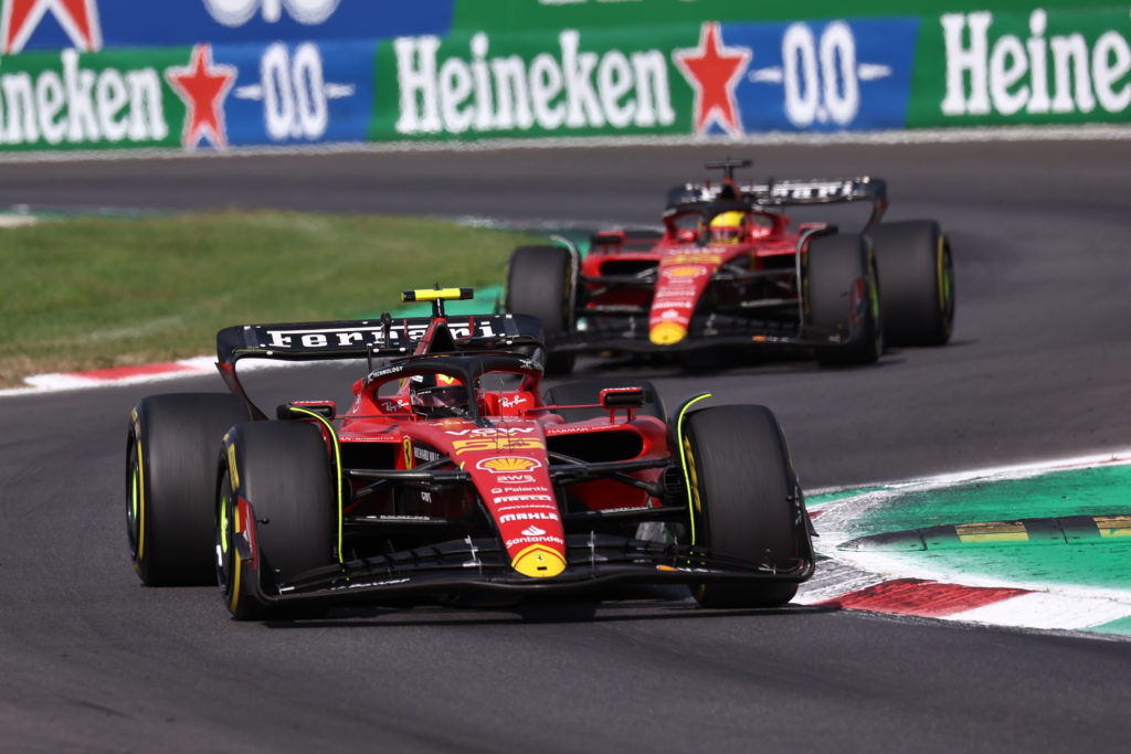 Ferrari drivers Charles Leclerc and Carlos Sainz battle at Italian GP