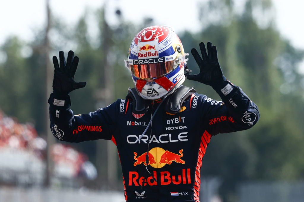 Max Verstappen of Red Bull celebrates setting new F1 record after winning Italian Grand Prix
