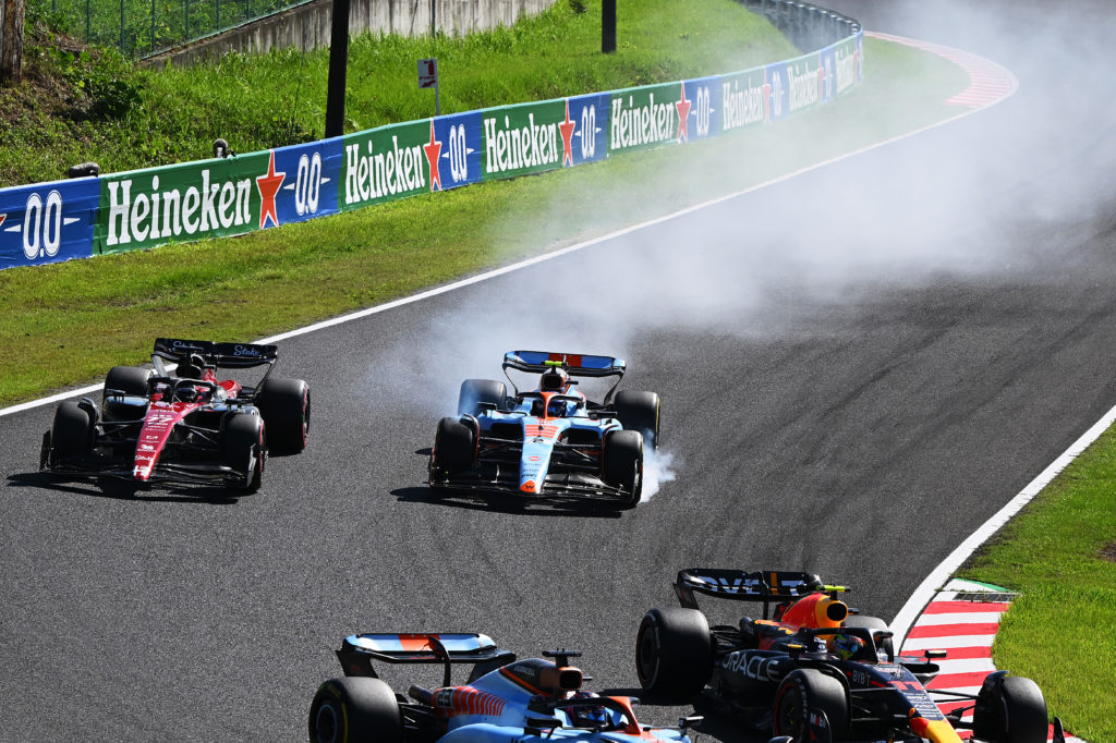 Williams driver Logan Sargeant locks up before crash with Alfa Romeo driver Valtteri Bottas at F1 Japanese GP
