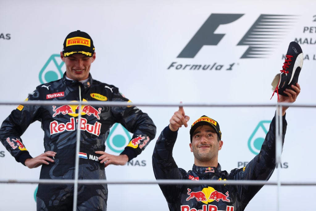 Red Bull driver Max Verstappen with then-teammate Daniel Ricciardo at F1 Malaysian GP