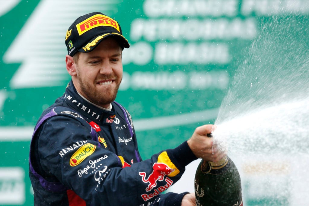 Sebastian Vettel celebrates winning 2013 Brazil GP to set F1 win-streak record