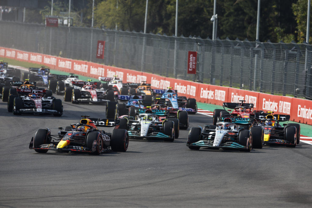 Red Bull's Max Verstappen leads Sergio Perez and Mercedes' Lewis Hamilton at start of 2022 Formula 1 Mexico City GP