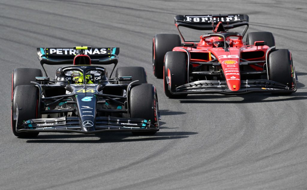 Mercedes driver Lewis Hamilton racing Ferrari pilot Charles Leclerc during Formula 1 Dutch Grand Prix