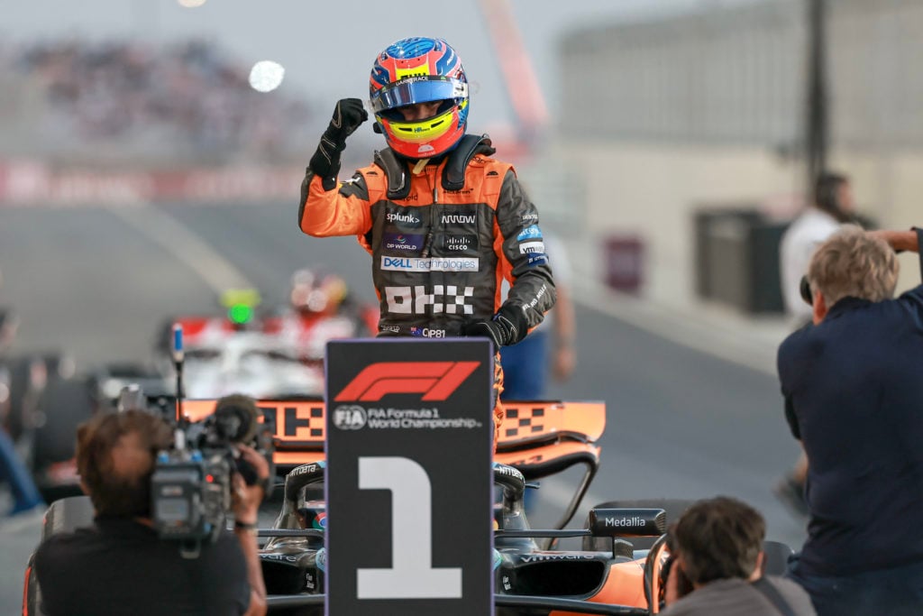 McLaren driver Oscar Piastri celebrates winning F1 Sprint at Qatar GP