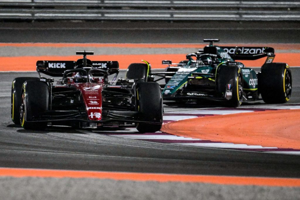 Alfa Romeo driver Valtteri Bottas defends from Aston Martin driver Lance Stroll during F1 Qatar Grand Prix