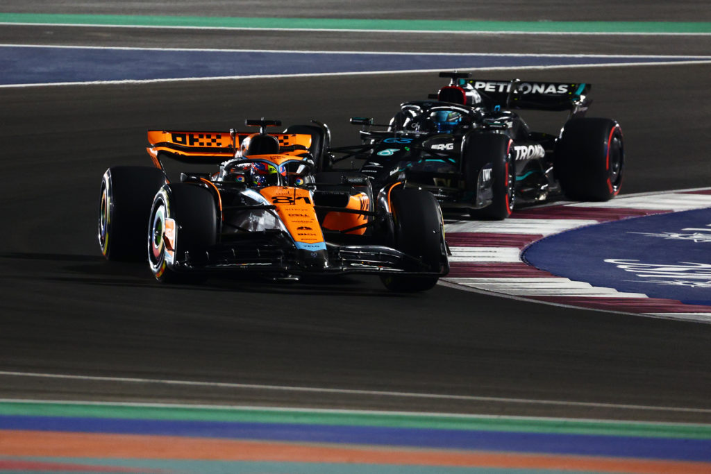 McLaren driver Oscar Piastri leads George Russell of Mercedes in Qatar GP Sprint