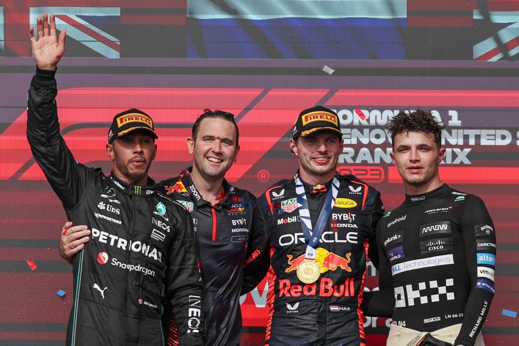 Mercedes driver Lewis Hamilton celebrates United States GP podium finish with P2 before disqualification