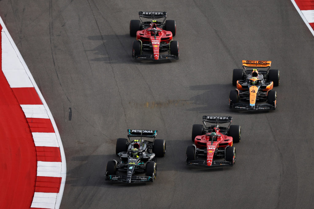 Mercedes' Lewis Hamilton leads drivers including Ferrari's Carlos Sainz during United States GP Sprint amid Toto Wolff verdict