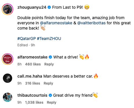 Thibaut Courtois congratulates Zhou Guanyu after scoring points in Qatar