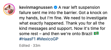 Kevin Magnussen sends message on Instagram after Mexico City Grand Prix crash