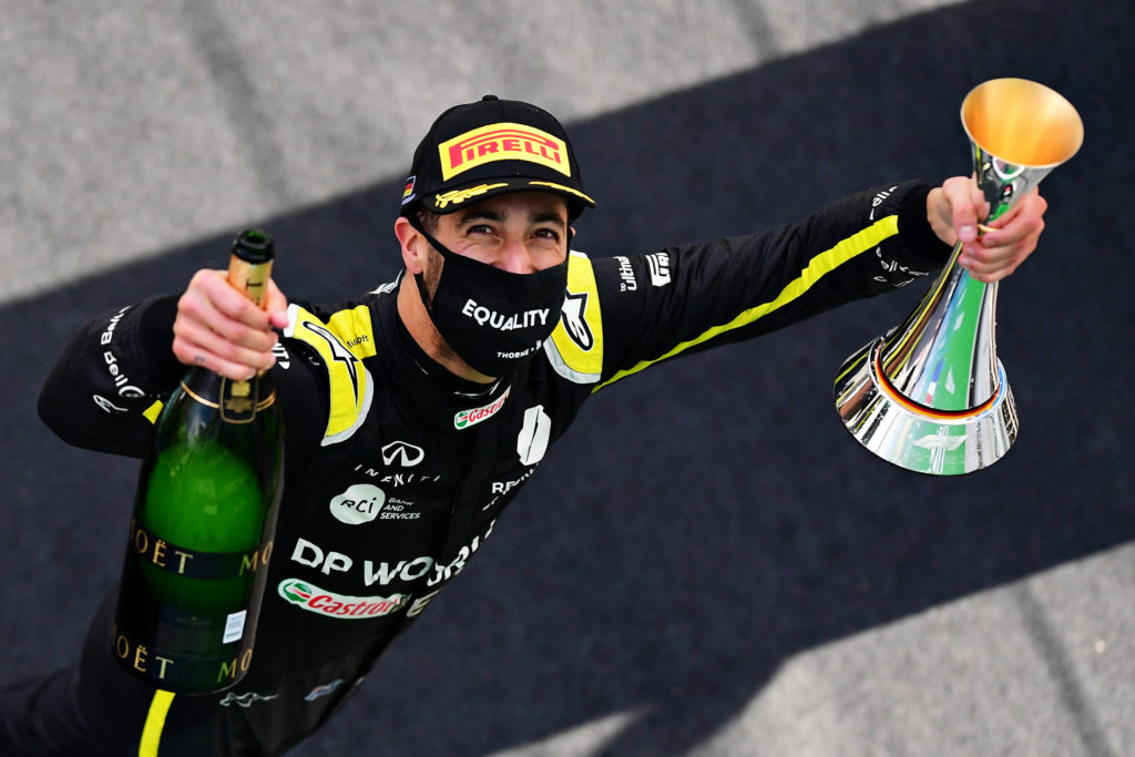 2023 AlphaTauri F1 driver Daniel Ricciardo on podium at 2020 Eifel GP in Germany amid McLaren claim from former Renault boss Cyril Abiteboul