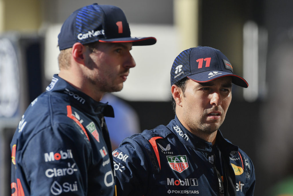 Red Bull drivers Max Verstappen and Sergio Perez after the F1 Sprint at the Sao Paulo Grand Prix in Brazil