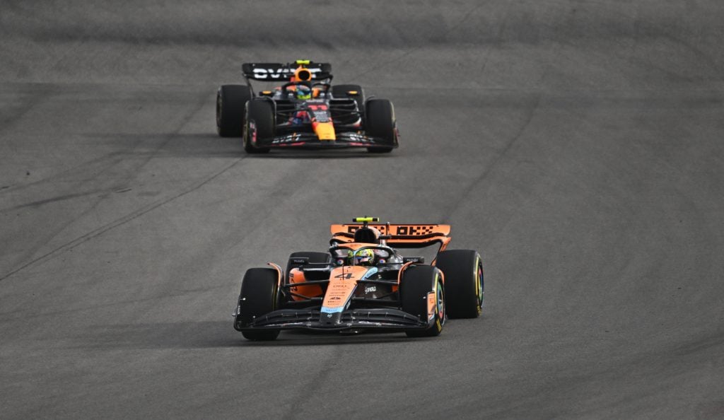 Lando Norris races Sergio Perez during the 2023 United States Grand Prix