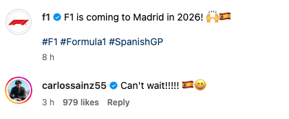 Carlos Sainz reacts to the announcement of the Madrid Grand Prix