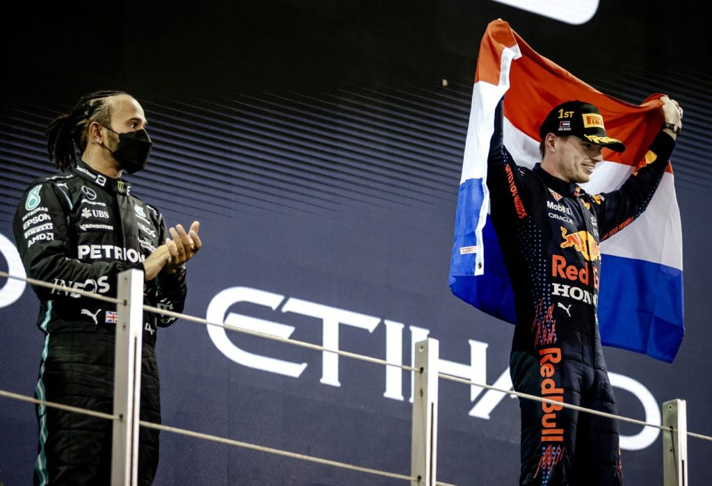 Red Bull driver Max Verstappen and Lewis Hamilton of Mercedes at 2021 F1 Abu Dhabi GP