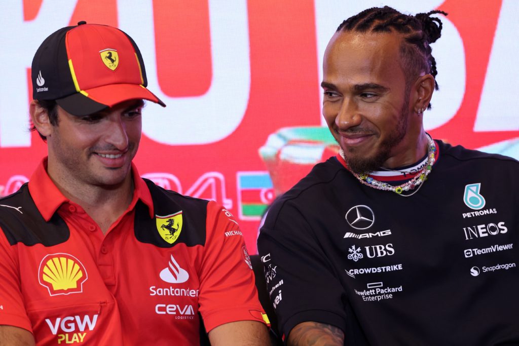 Ferrari and Mercedes drivers Carlos Sainz and Lewis Hamilton at 2023 F1 Azerbaijan GP press conference