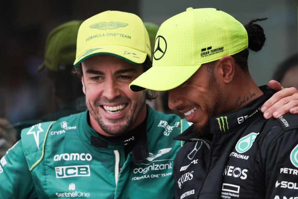Aston Martin and Mercedes drivers Fernando Alonso and Lewis Hamilton at 2023 F1 Canadian GP