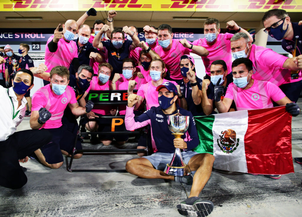 Sergio Perez celebrates winning 2020 Sakhir GP for Silverstone F1 team Racing Point