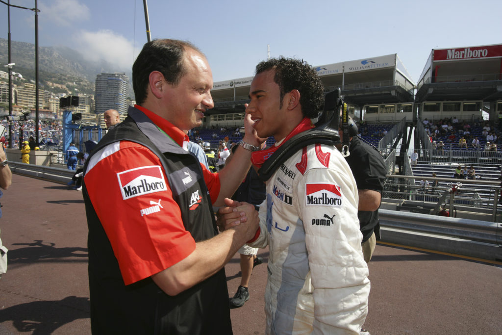 Ferrari team principal Frederic Vasseur with Mercedes driver Lewis Hamilton at 2006 Monaco GP after GP2 qualifying
