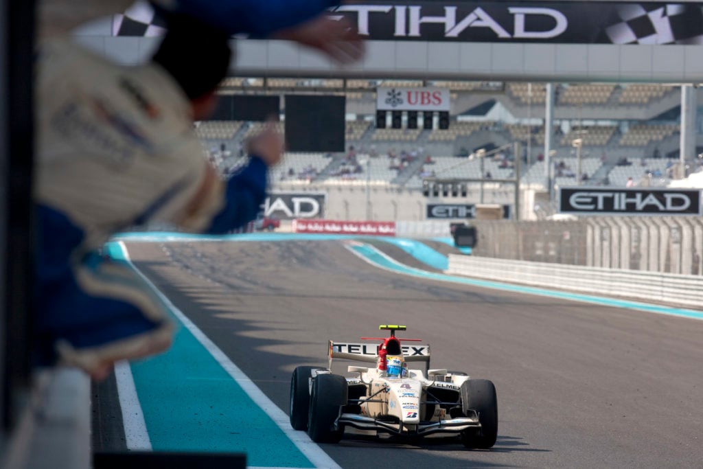 Sergio Perez celebrates win at 2010 GP2 Series at Abu Dhabi GP