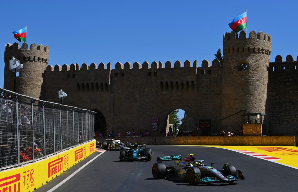 Mercedes driver Lewis Hamilton leads Aston Martin racer Sebastian Vettel at 2022 F1 Azerbaijan GP
