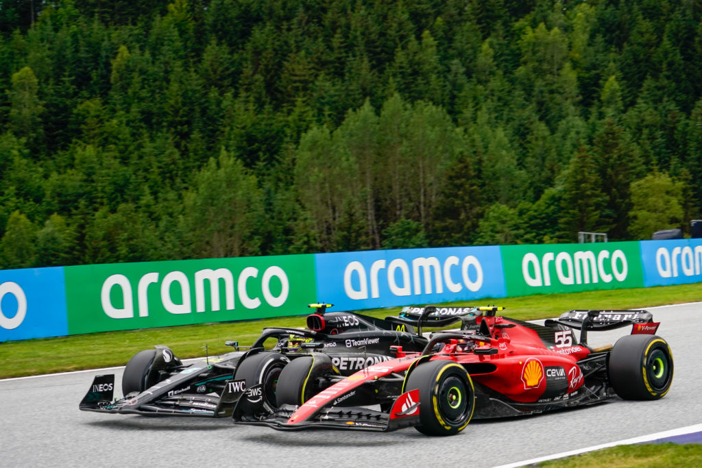 Mercedes driver Lewis Hamilton and Carlos Sainz of Ferrari at 2023 F1 Austrian GP