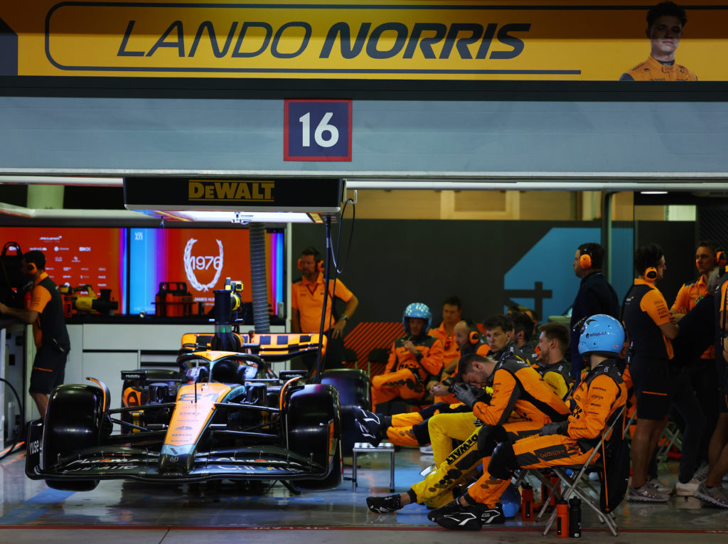 McLaren car of Oscar Piastri in garage at 2023 F1 Bahrain GP