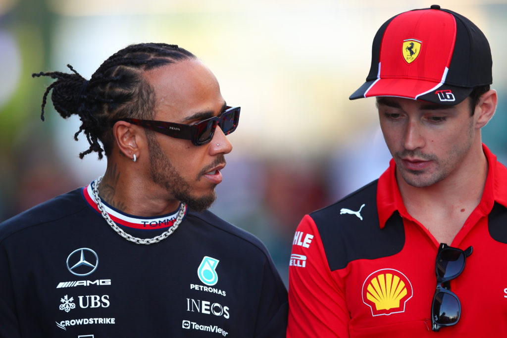 Mercedes driver Lewis Hamilton with Charles Leclerc of Ferrari at 2023 F1 Saudi Arabian GP
