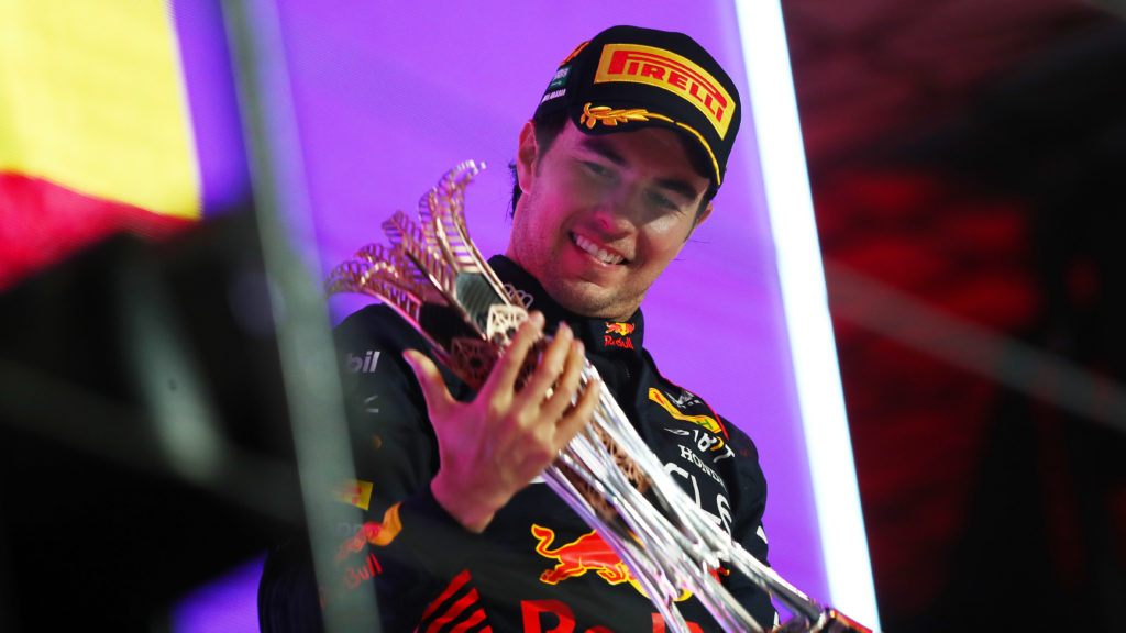 Red Bull driver Sergio Perez celebrates winning 2023 F1 Saudi Arabian GP