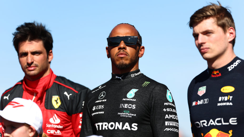 Ferrari, Mercedes and Red Bull drivers Carlos Sainz, Lewis Hamilton and Max Verstappen at 2023 F1 Australian GP