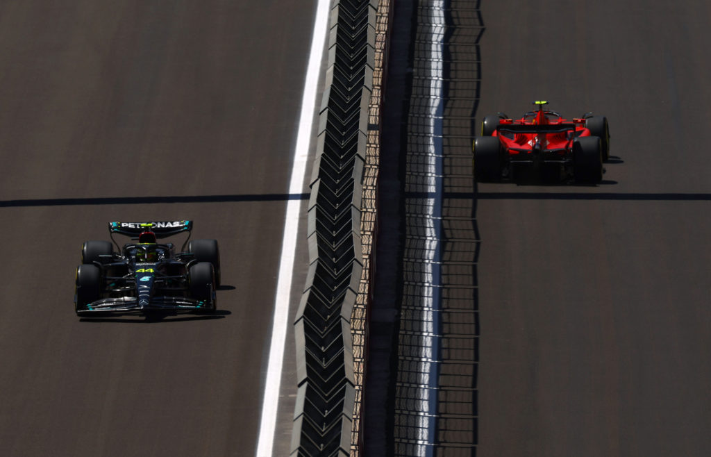 Mercedes and Ferrari drivers Lewis Hamilton and Carlos Sainz during 2023 F1 Azerbaijan GP Sprint Shootout