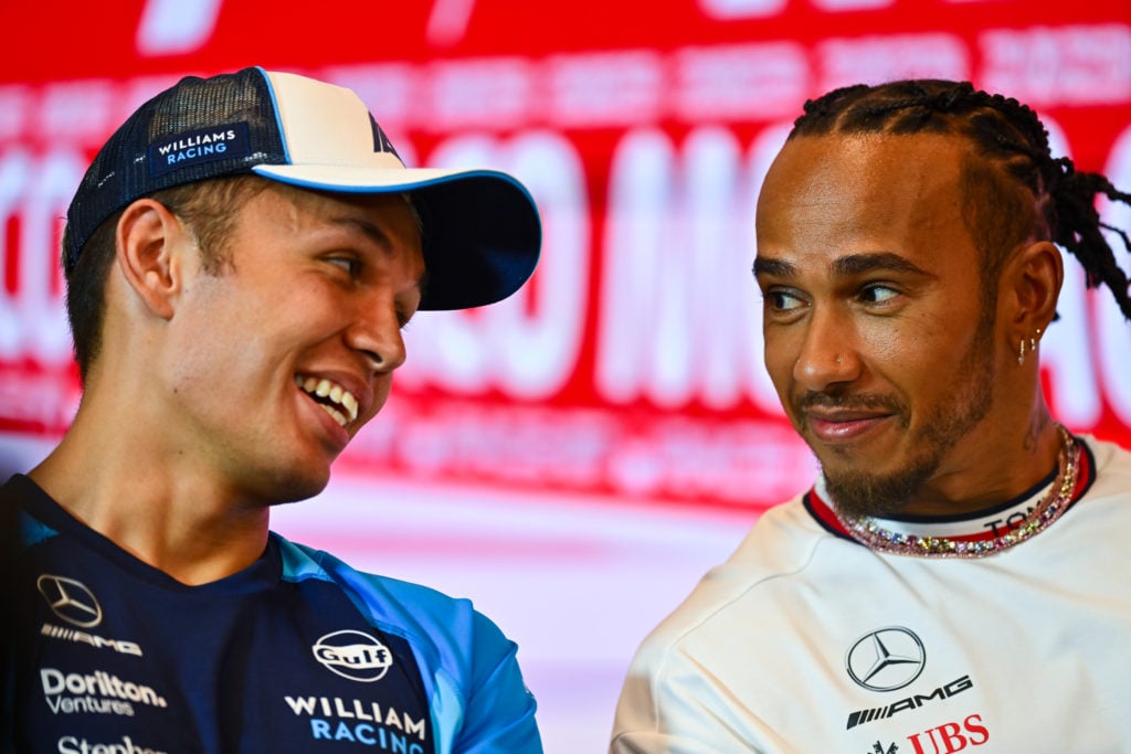 Mercedes driver Lewis Hamilton with Alex Albon of Williams in press conference at 2023 F1 Monaco GP