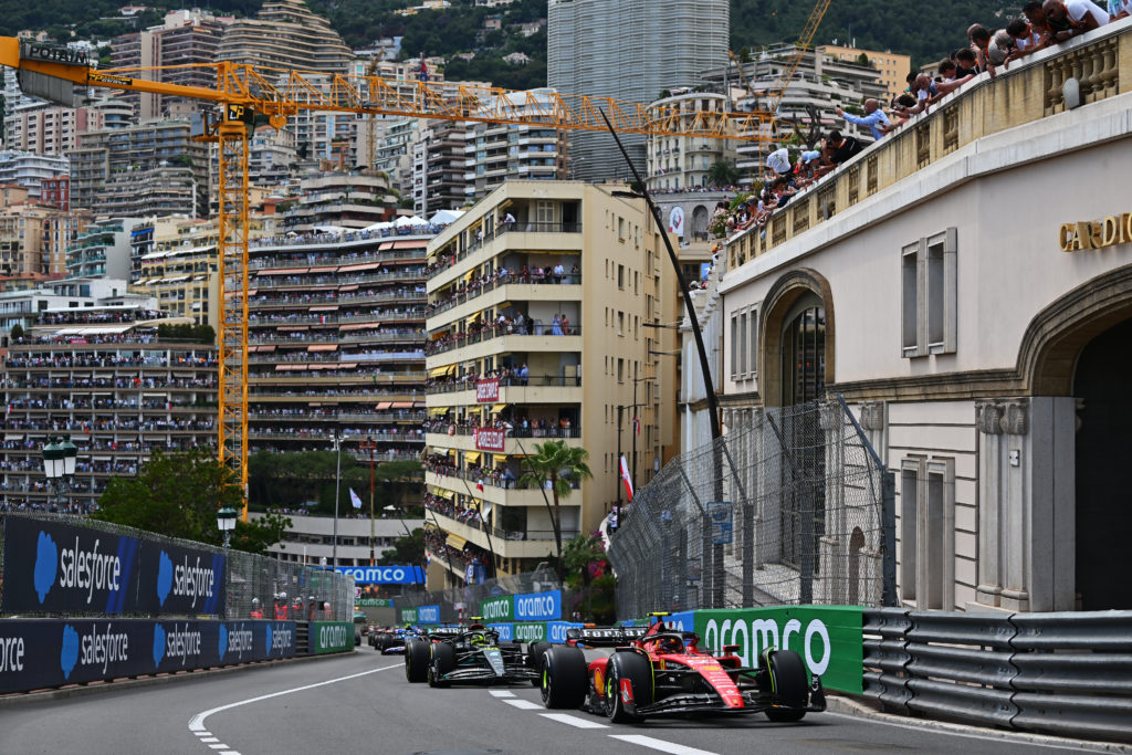 Ferrari and Mercedes drivers Carlos Sainz and Lewis Hamilton at 2023 F1 Monaco GP