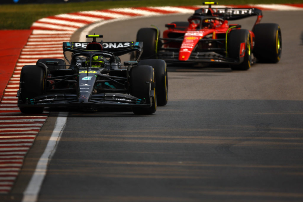 Mercedes and Ferrari drivers Lewis Hamilton and Carlos Sainz during 2023 F1 Canadian GP practice