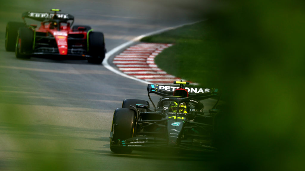 Ferrari and Mercedes drivers Carlos Sainz and Lewis Hamilton at 2023 F1 Canadian GP