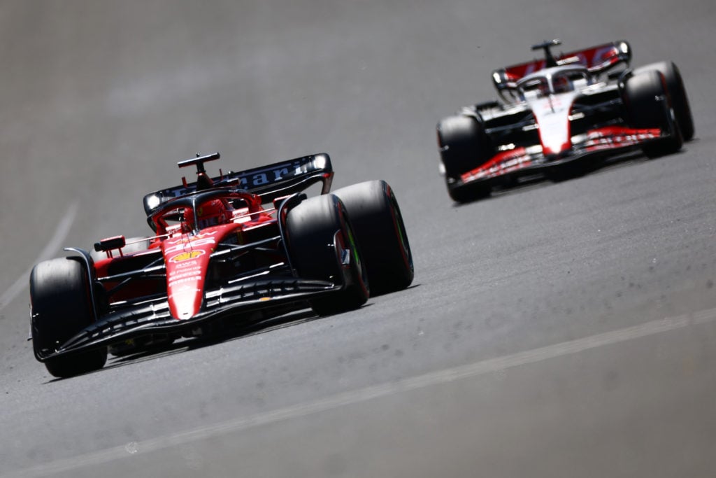 Ferrari driver Charles Leclerc leads Haas pilot Kevin Magnussen in 2023 Hungarian GP practice