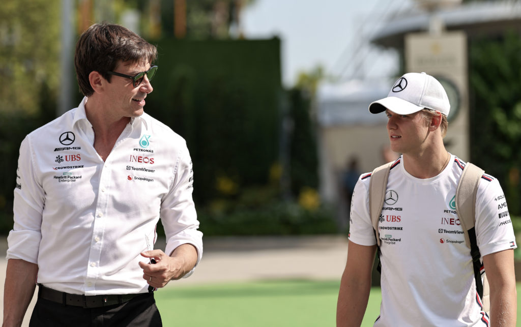 Mercedes team principal Toto Wolff and reserve driver Mick Schumacher at 2023 F1 Singapore GP