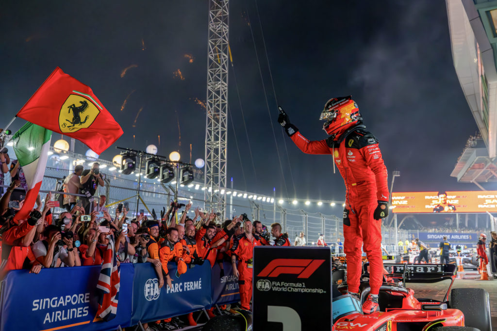 Ferrari driver Carlos Sainz celebrates winning 2023 F1 Singapore GP