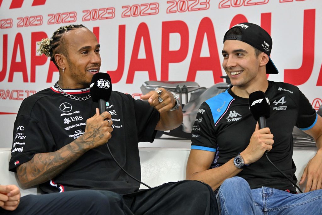 Mercedes and Alpine drivers Lewis Hamilton and Esteban Ocon in 2023 F1 Japanese GP press conference