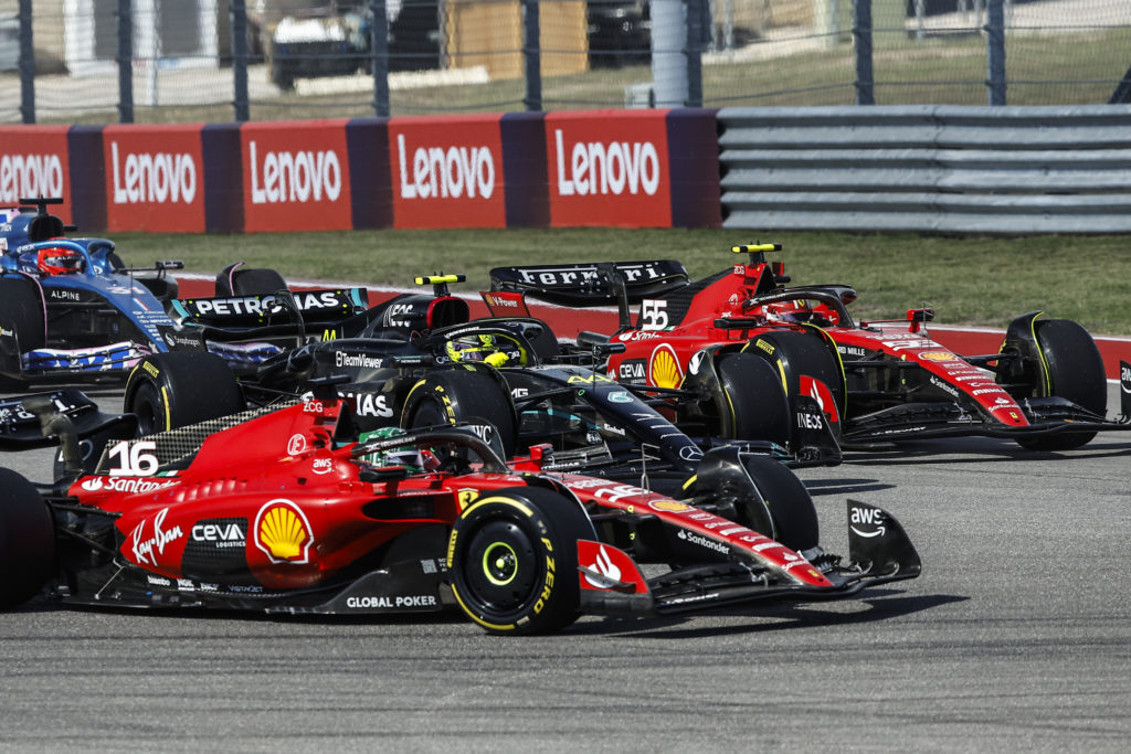 Mercedes and Ferrari drivers Lewis Hamilton, Charles Leclerc and Carlos Sainz at the 2023 F1 United States GP