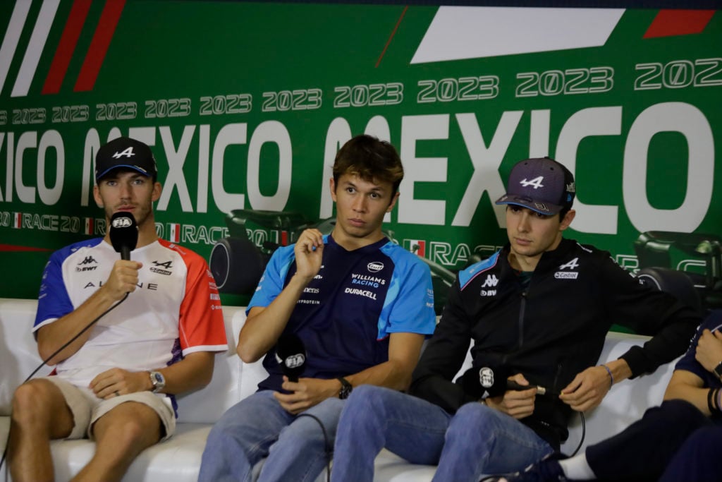 Williams driver Alex Albon with Alpine duo Esteban Ocon and Pierre Gasly in press conference at 2023 F1 Mexico City GP