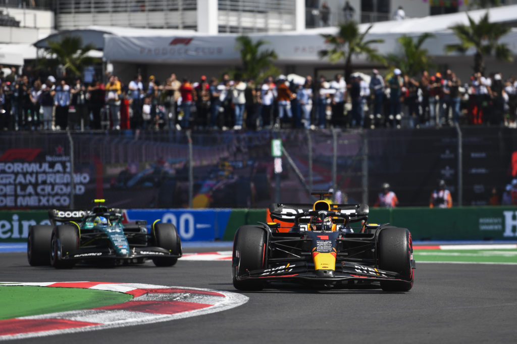 Red Bull driver Max Verstappen leads Aston Martin's Fernando Alonso at 2023 F1 Mexico City GP in practice