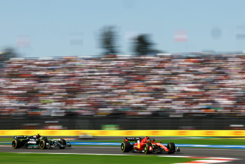 Ferrari and Mercedes drivers Carlos Sainz and Lewis Hamilton at 2023 F1 Mexico City GP