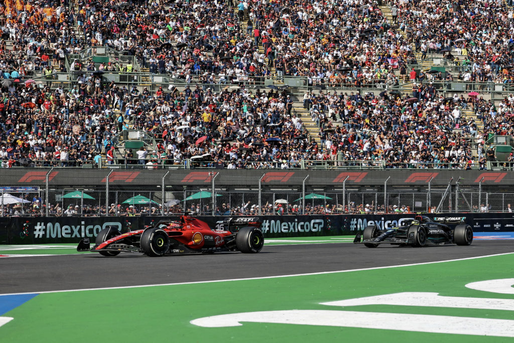 Ferrari driver Charles Leclerc leads Mercedes driver Lewis Hamilton at 2023 F1 Mexico City GP
