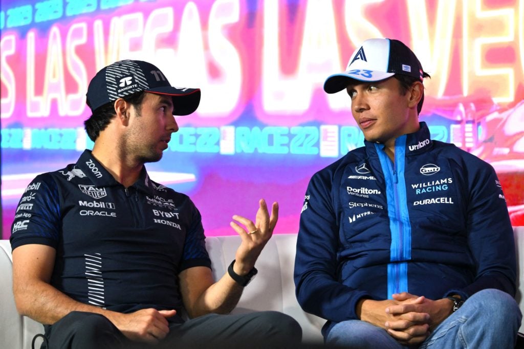 Williams driver Alex Albon and Sergio Perez of Red Bull during 2023 F1 United States GP press conference