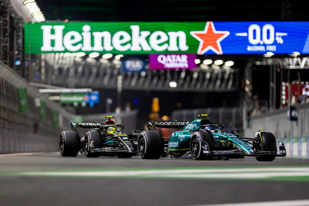 Aston Martin and Mercedes drivers Fernando Alonso and Lewis Hamilton at 2023 F1 Las Vegas GP