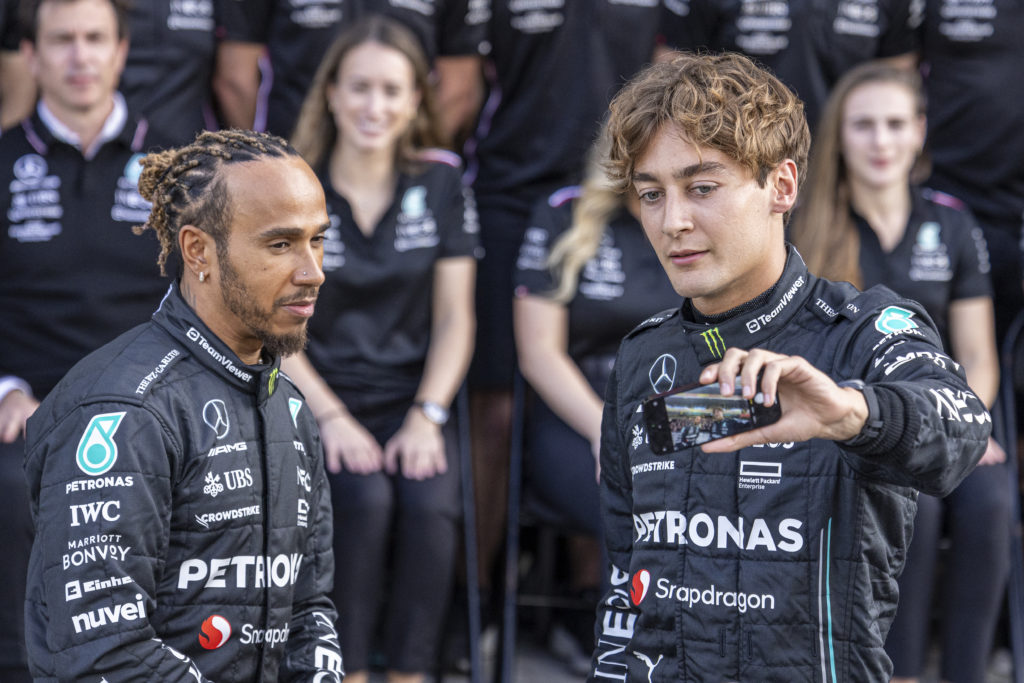 Mercedes drivers Lewis Hamilton and George Russell at 2023 F1 Abu Dhabi GP